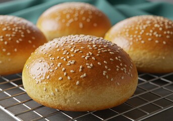 Golden brown burger buns topped with sesame seeds on cooling rack