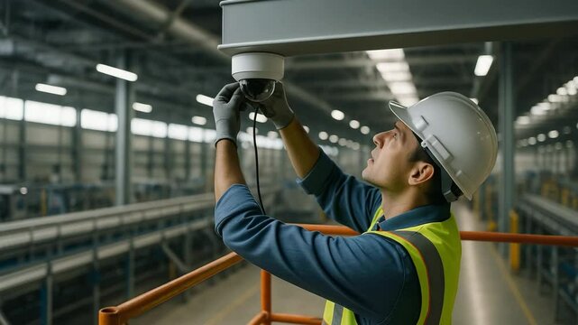 Installing security cameras manufacturing facility professional work industrial environment upward angle safety and security