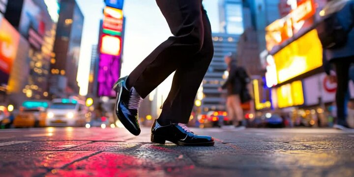 person tap dancing in the middle of Times Square street - closeup of legs and feet only