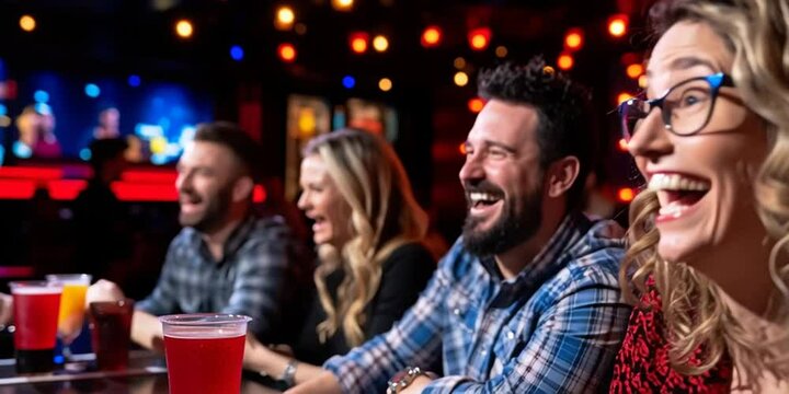 friends laughing at a joke at the comedy club sitting at a table
