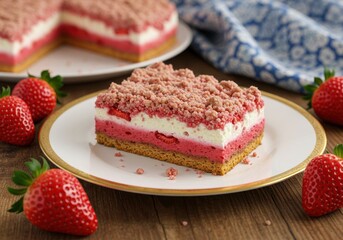 Delicious strawberry crumble cheesecake slice with fresh berries