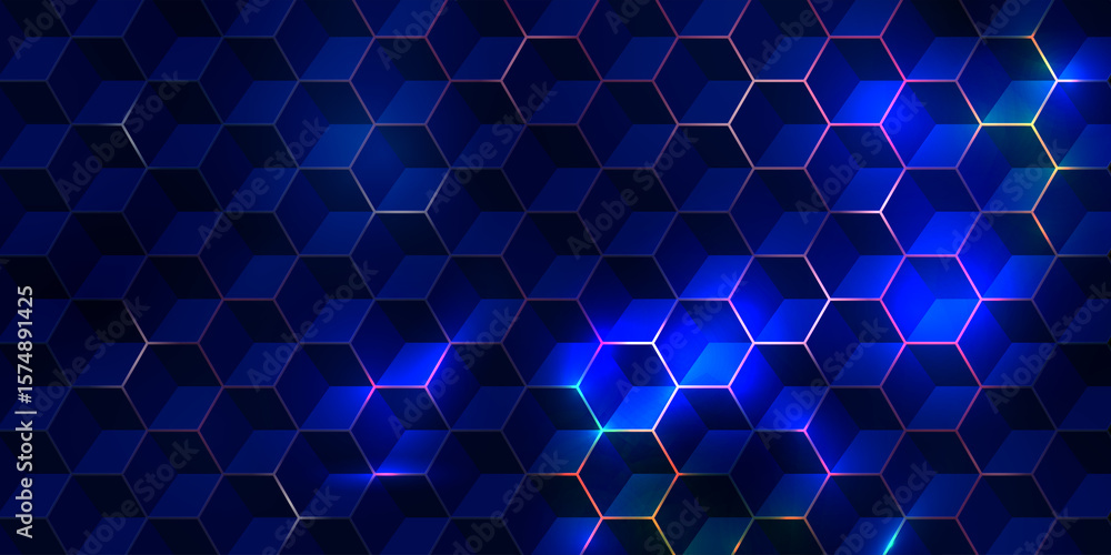 Poster futuristic digital surface with glowing blue and violet lights beneath hexagonal grid. abstract conc