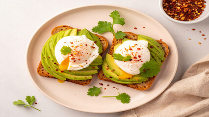 Fresh avocado toast with poached egg and chili flakes on white plate