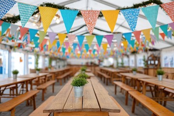 Festive beer hall interior with colorful bunting, wooden tables, and potted plants, creating a vibrant atmosphere for celebration and social gatherings