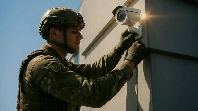 Military personnel installing security camera urban area action shot daytime close-up surveillance technology