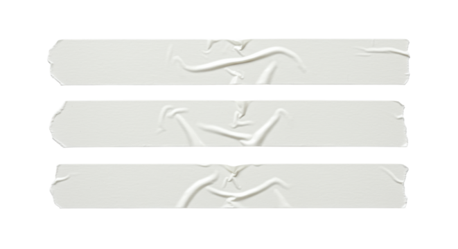 Three distinct strips of opaque matte white masking tape with torn edges and natural wrinkles, arranged horizontally on a clean white background with ample copy space, a concept of minimalist utility