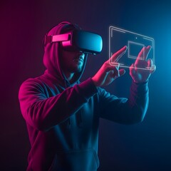 Man Using a Virtual Reality Headset to Interact with a Digital Screen, Exploring Futuristic VR Technology and Immersive Experiences in a Hoodie