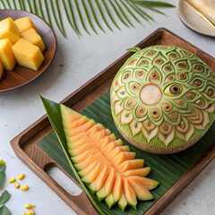 A beautifully carved cantaloupe resembling a peacock pattern, placed on a wooden tray lined with banana leaves, next to sliced fruit.