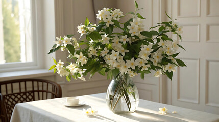 Elegant bouquet of white jasmine flowers in a clear glass vase, arranged on a sunlit table in a bright room.