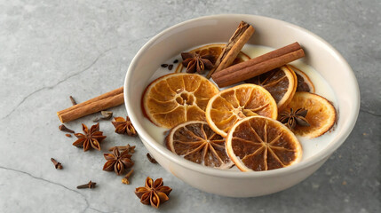 Warm beverage in a bowl with milk, dried orange slices, cinnamon sticks, cloves, and star anise, evoking cozy seasonal flavors.