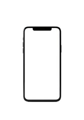 Sleek, modern black smartphone with a large, blank white screen and pill-shaped notch, presented vertically on a transparent background with shadowless studio lighting, direct front view, concept