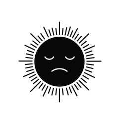 Black silhouette of a sun with a sad face icon vector