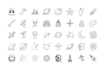Collection of Space Exploration Icons A Diverse Set of Celestial Objects Astronauts and Spacecraft Depicted in Black and White