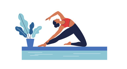 Woman stretching exercises on aqua yoga with plant