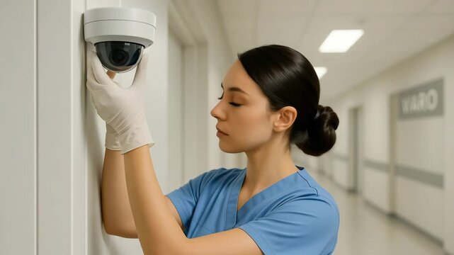 Installing security camera in hospital healthcare facility action indoor close-up view safety measures