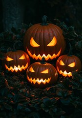 Four glowing jackolanterns sit among leaves in the dark