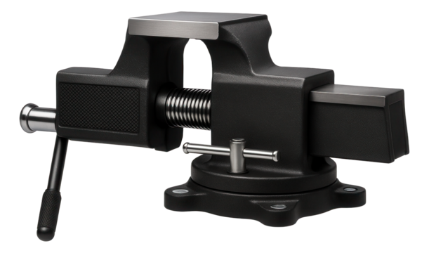 Heavy-duty bench vise with a large anvil surface for a blacksmith's forge.