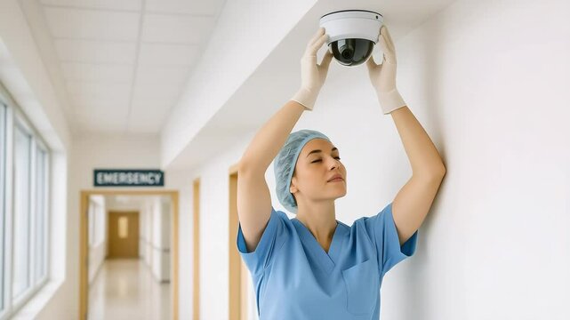 Technician installing security camera hospital corridor professional photography bright environment close-up viewpoint safety concept
