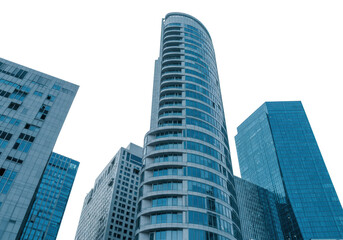 Fototapeta premium Multiple modern high-rise buildings, including a sleek cylindrical skyscraper with blue curved glass, a rectangular gray building, and an angular reflective blue structure, isolated against a pure