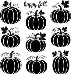 Pumpkin Silhouettes with Happy Fall Text – Autumn Clipart Set