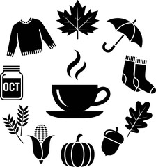 Autumn Cozy Icons Circle Set – Fall Silhouette Vector Collection
