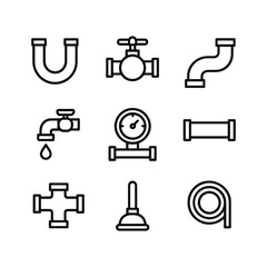 Water system and pipe icons set. Outline symbols. Line design