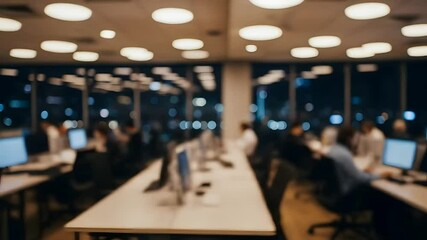 Blurred office interior: team working on computers late at night, city lights view. Perfect for tech startup, entrepreneurship, corporate加班, IT support, or business growth. - Powered by Adobe