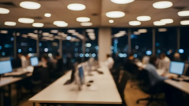 Blurred office interior: team working on computers late at night, city lights view. Perfect for tech startup, entrepreneurship, corporate加班, IT support, or business growth. - Powered by Adobe
