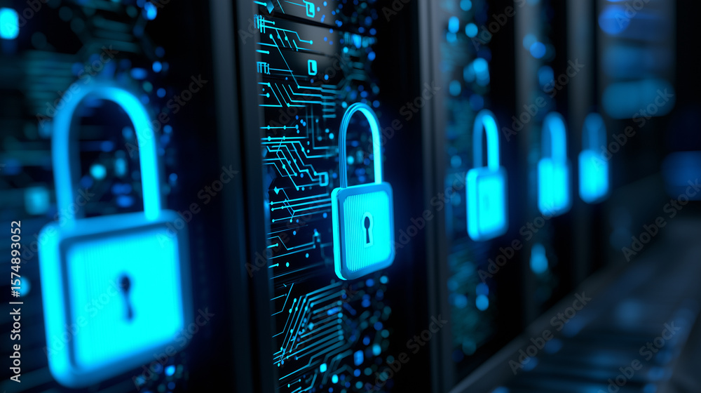 Poster cyber security concept with a glowing digital padlock icon in a server room, symbolizing data protec