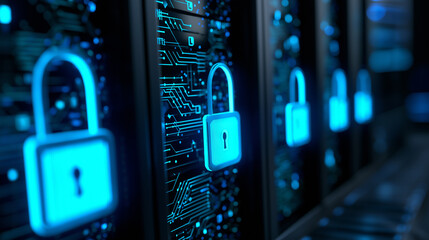 Cyber security concept with a glowing digital padlock icon in a server room, symbolizing data protection and network safety.
