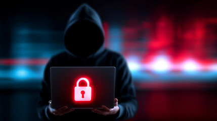 Anonymous hacker in a black hoodie holding a laptop with a red padlock icon, symbolizing a ransomware attack and cybercrime.
