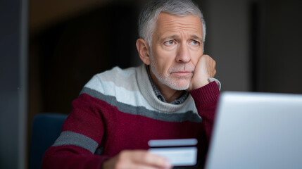 Elderly man holding credit card looks worried while using a laptop at home.
