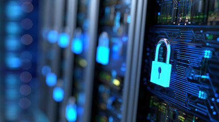 Cyber security concept with a glowing digital padlock icon in a server room, symbolizing data protection and network safety.
