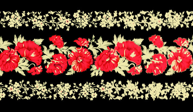 Seamless pattern with stylized ornamental flowers in vintage retro style inspired by Jacobin embroidery. Colored illustration on white background, perfect for textiles, wallpaper, and decorative desig