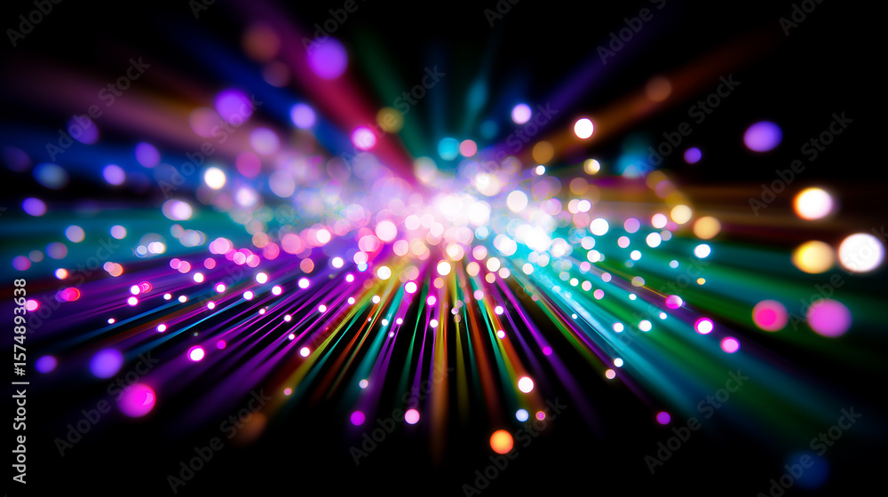 Poster multicolored glowing light streaks and particles bursting on a dark background in motion blur.