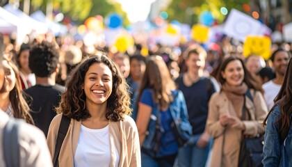 Smiling woman in a crowd of protesters