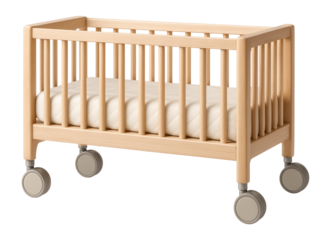 A crib with wheels, allowing for easy movement around a cottage or vacation home.