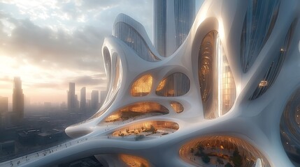 Sophisticated portrayal of architectural design incorporating parametric forms and structural ingenuity for iconic urban landscapes