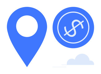 Blue location pin next to a dollar coin, with a minimal cloud accent. Ideal for finance, navigation, investments, savings, commerce, payment travel. A simple flat metaphor