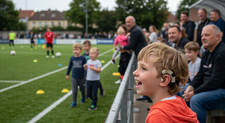 Young boy cheering excitedly while watching soccer match with crowd  