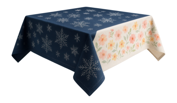 A reversible tablecloth with a festive winter theme on one side and a spring floral design on the other for versatile use throughout the year.