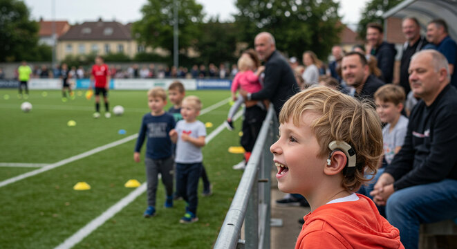Young boy cheering excitedly while watching soccer match with crowd  