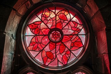 Obraz premium Red rose stained glass window illuminates medieval stone church, creating a spiritual atmosphere