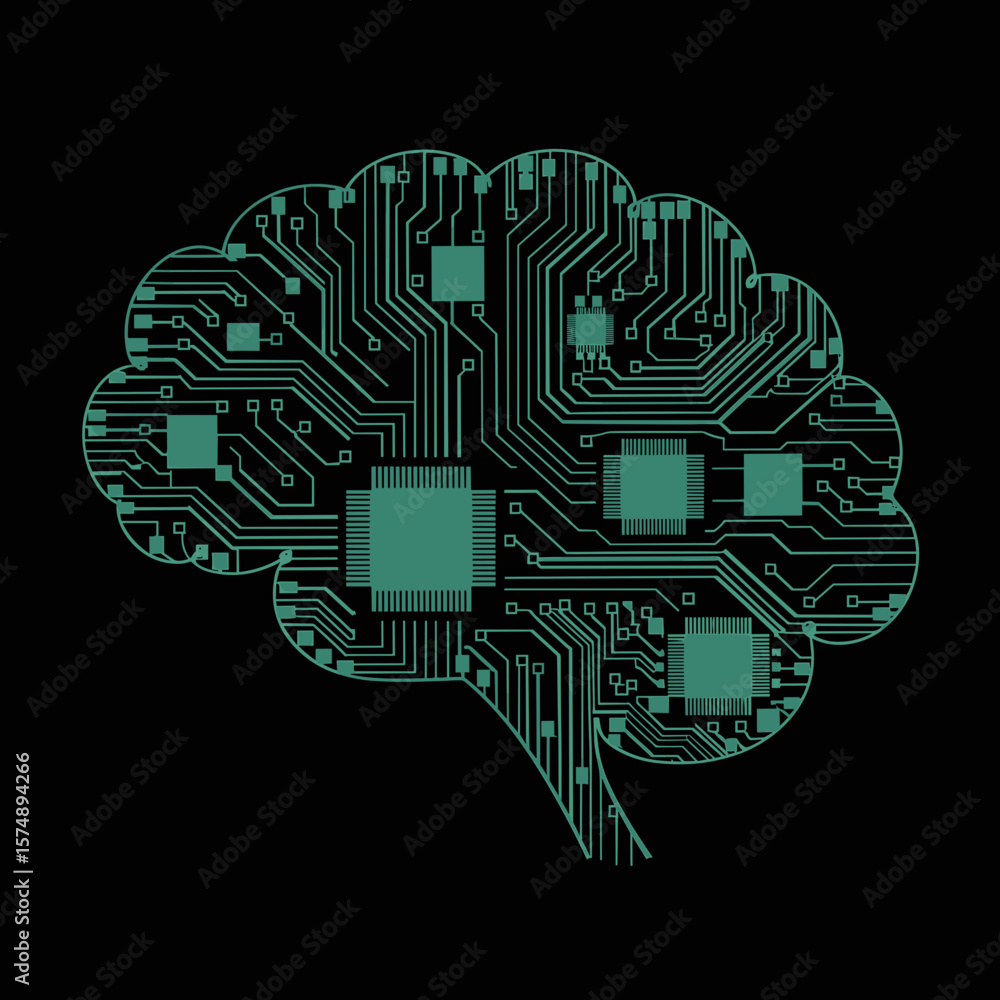 Poster brain made of green circuit traces on black background – ideal for ai concepts, tech branding, or fu