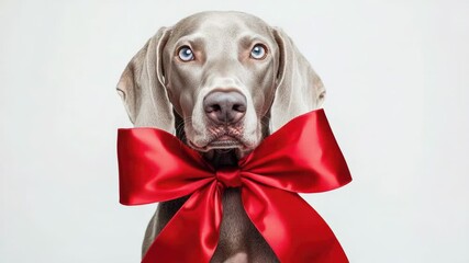 A dog wearing a bright red bow around its neck