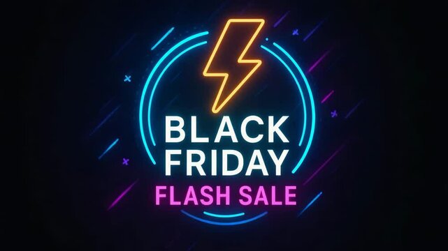 Vibrant neon sign highlighting a Black Friday flash sale, capturing attention with electric colors and dynamic visuals, perfect for promotional materials, advertisements, and marke