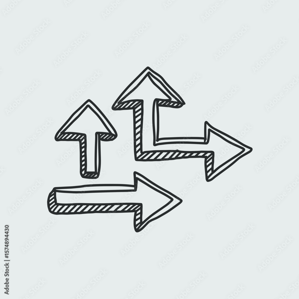 Poster Simple hand-drawn directional arrows pointing right up and left on white background – ideal for minimalist graphic design, navigation symbols, or user interface concepts