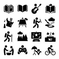 Vector icon sheet of various hobbies and pastimes in black and white