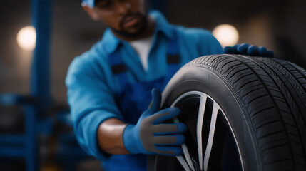 Auto mechanic in blue uniform inspecting a car tire in a professional garage environment.
