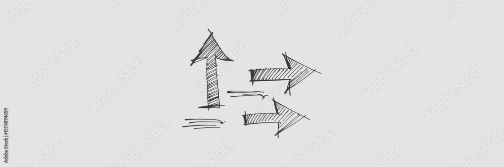 Poster simple hand-drawn sketch of three arrows pointing up right and down with ink strokes on white backgr